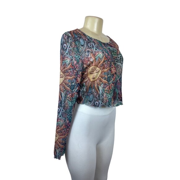 Women's Multicolored Sheer Round Neck Sun Moon Print Blouse Sz L - Picture 2 of 5